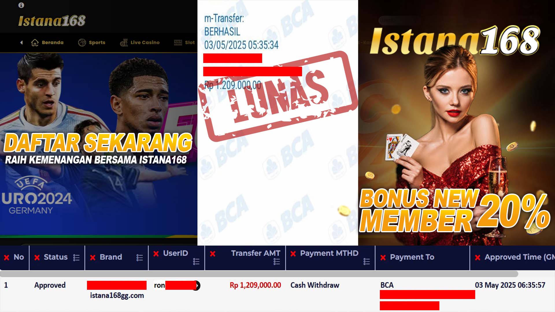 BUKTI KEMENANGAN WD MEMBER ISTANA168 IDR 1.209.000