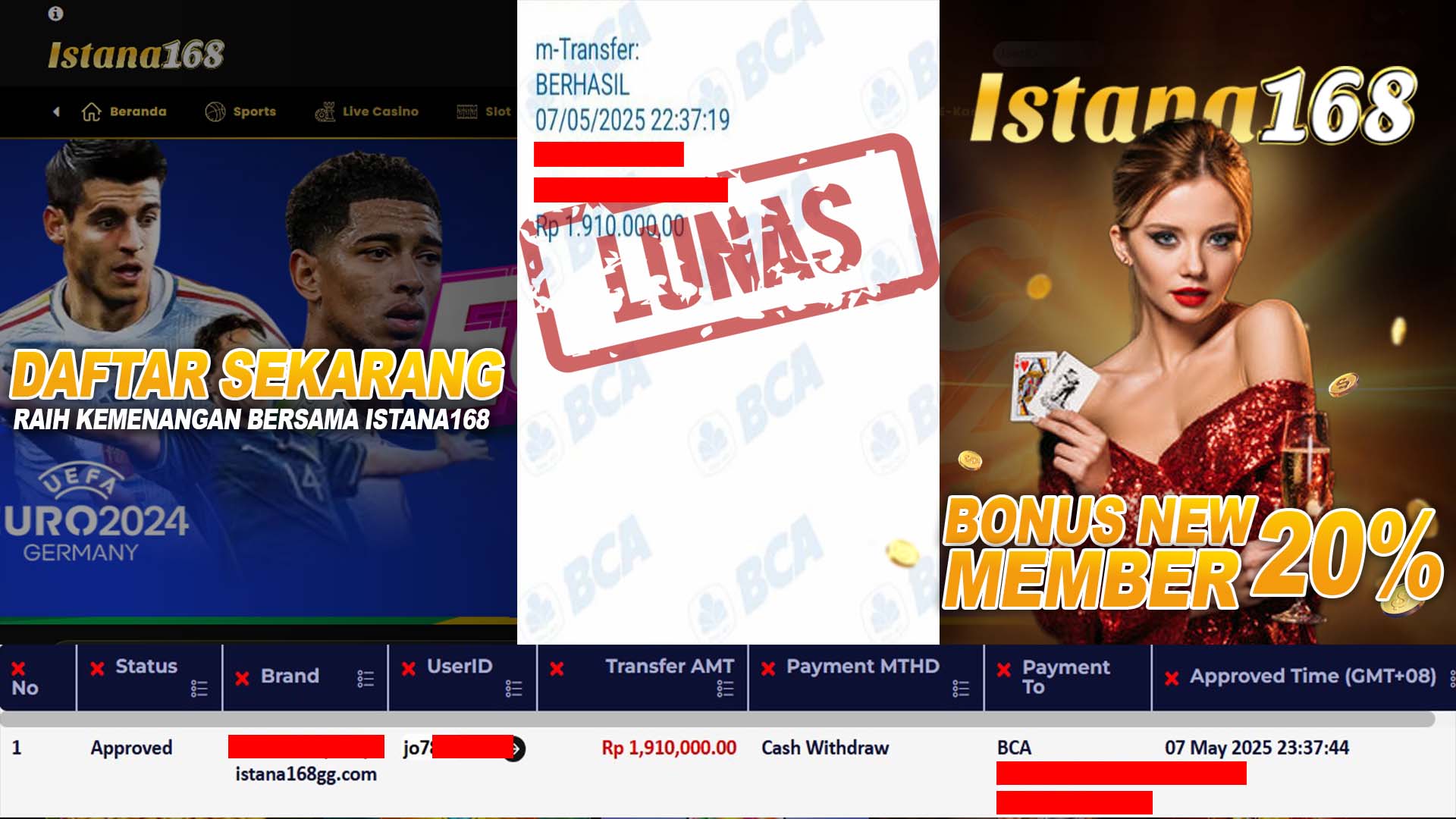 BUKTI KEMENANGAN WD MEMBER ISTANA168 IDR 1.910.000