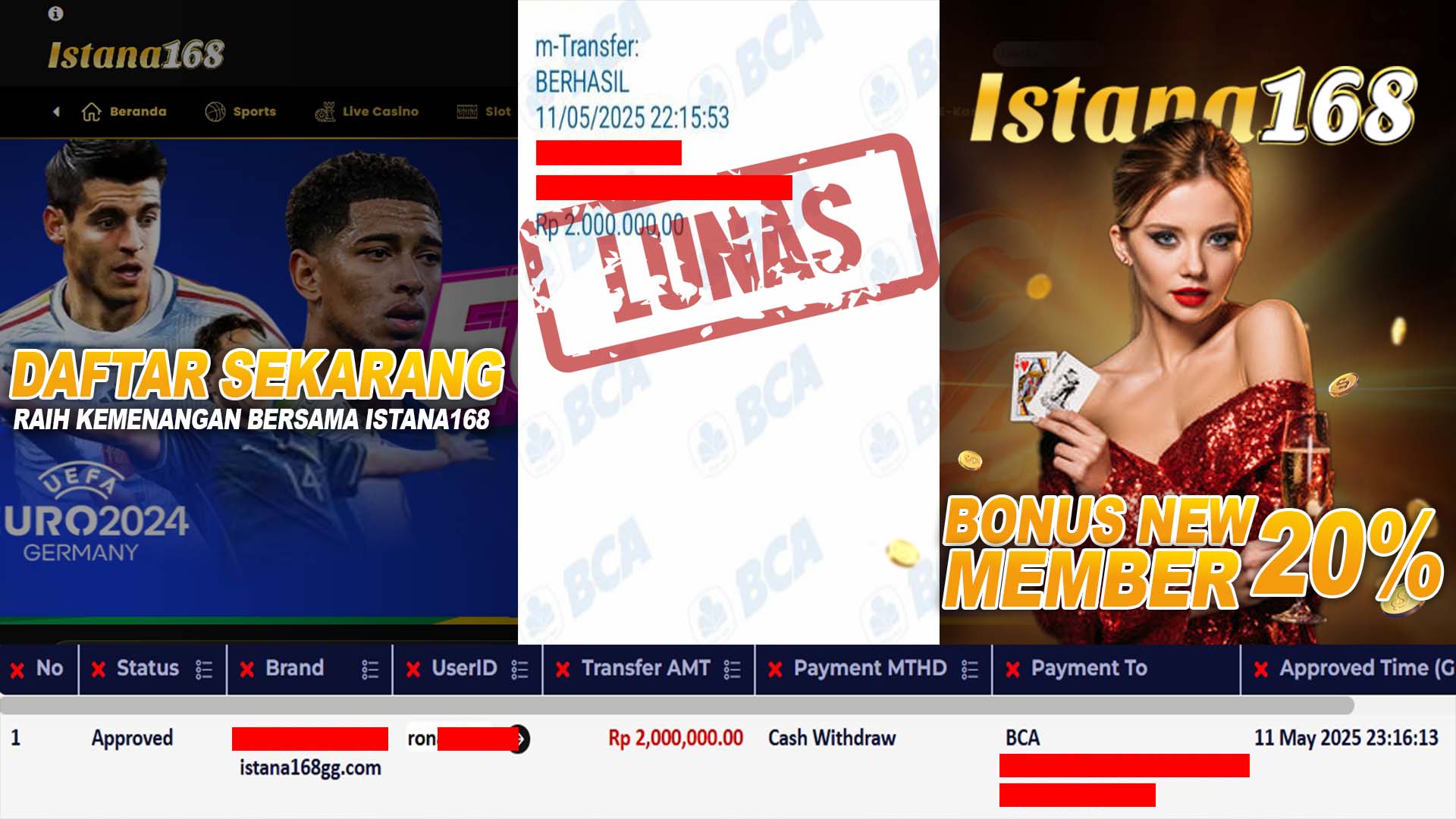 BUKTI KEMENANGAN WD MEMBER ISTANA168 IDR 2.000.000