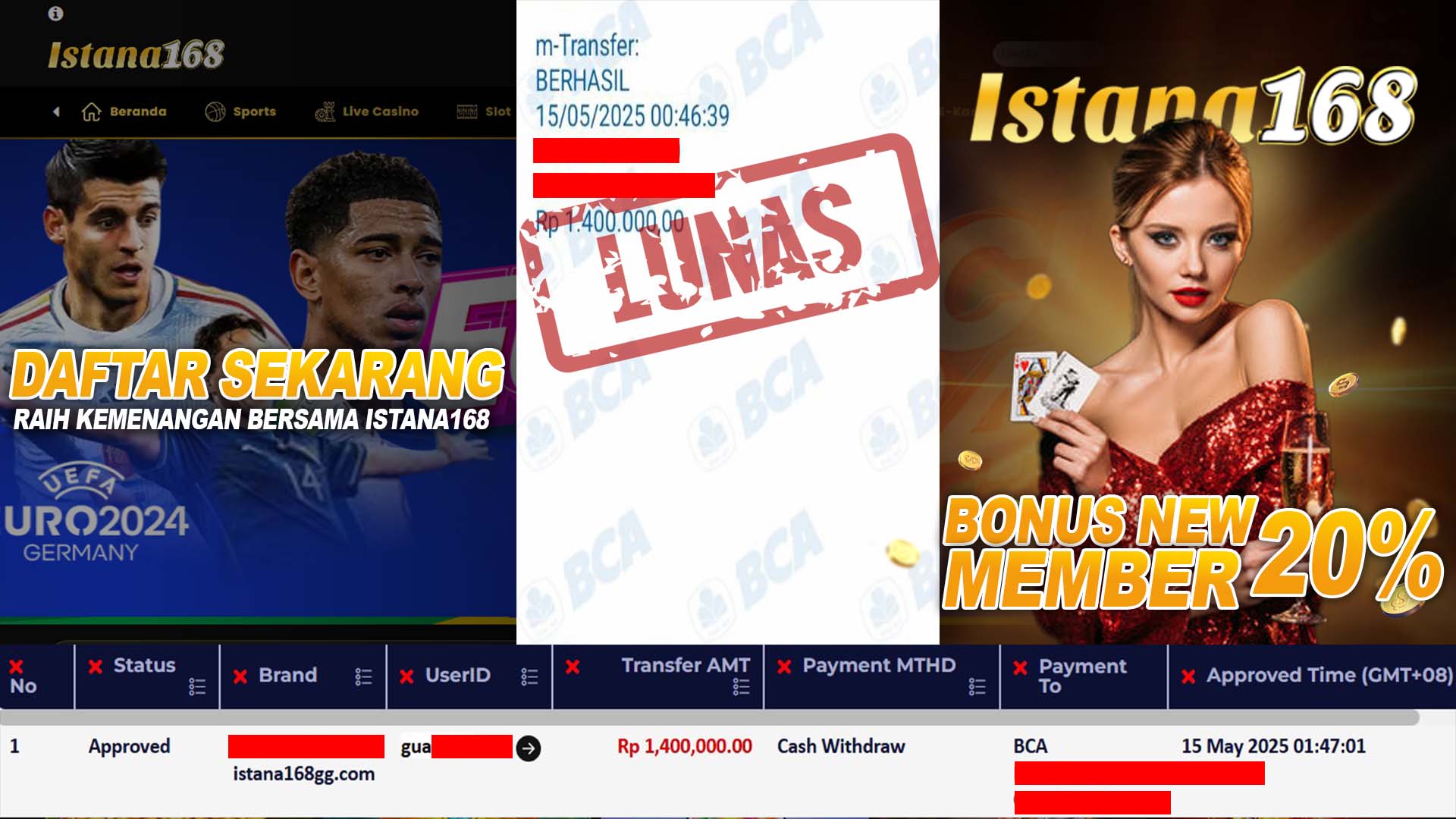 BUKTI KEMENANGAN WD MEMBER ISTANA168 IDR 1.400.000