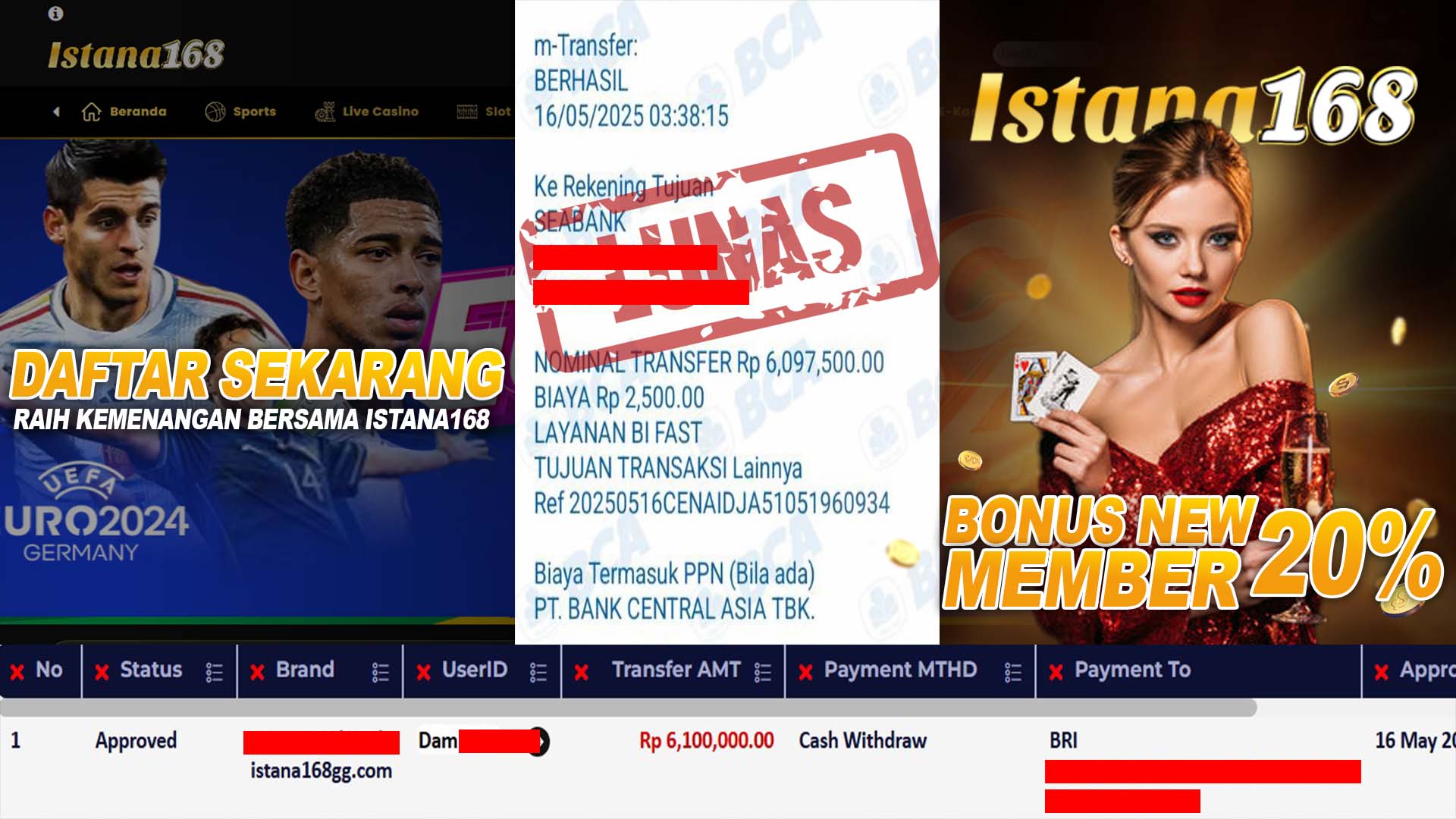 BUKTI KEMENANGAN WD MEMBER ISTANA168 IDR 6.100.000