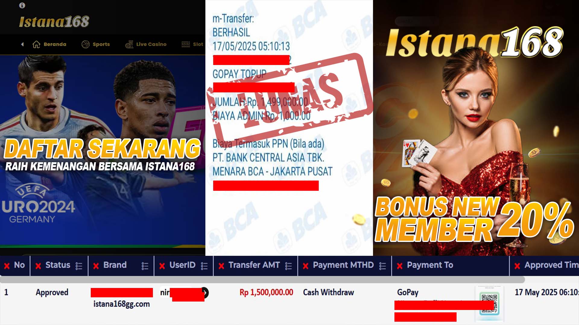 BUKTI KEMENANGAN WD MEMBER ISTANA168 IDR 1.500.000