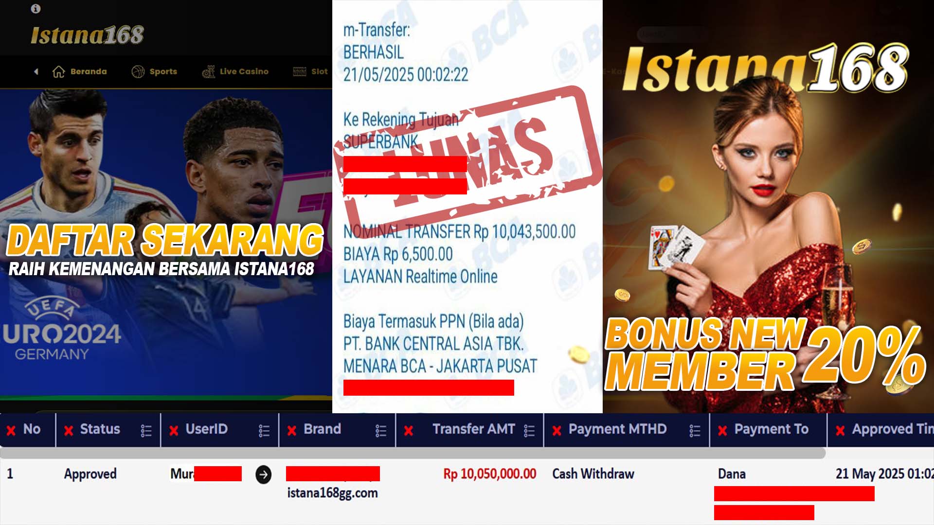 BUKTI KEMENANGAN WD MEMBER ISTANA168 IDR 10.050.000