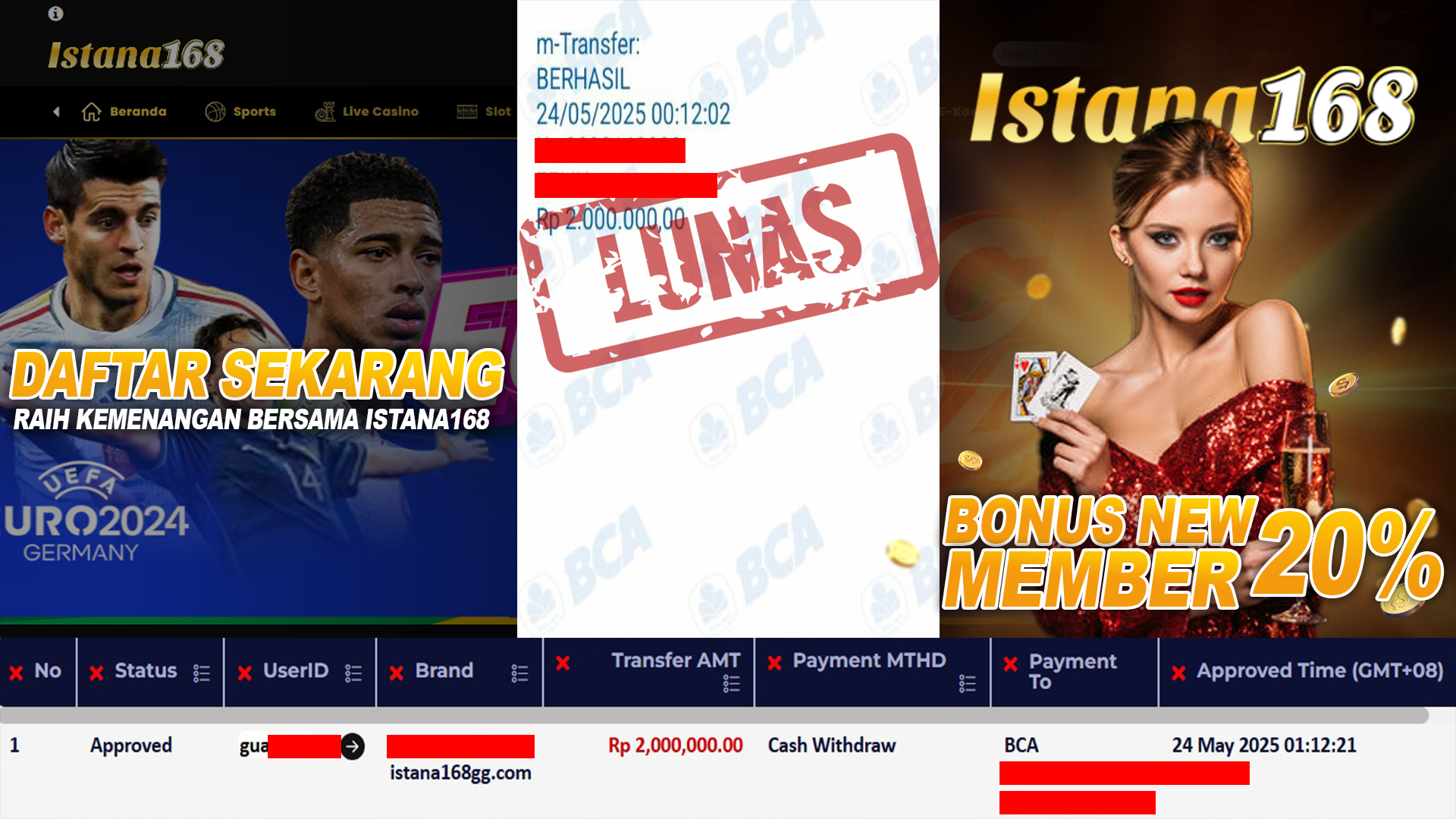 BUKTI KEMENANGAN WD MEMBER ISTANA168 IDR 2.000.000