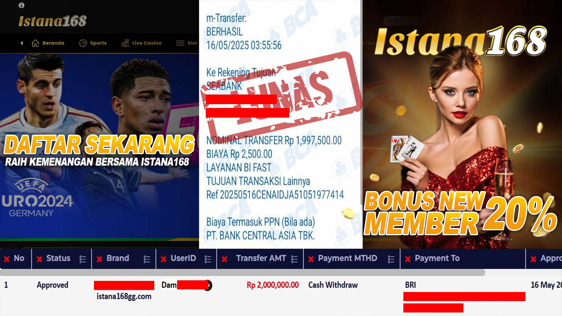 BUKTI KEMENANGAN WD MEMBER ISTANA168 IDR 2.000.000