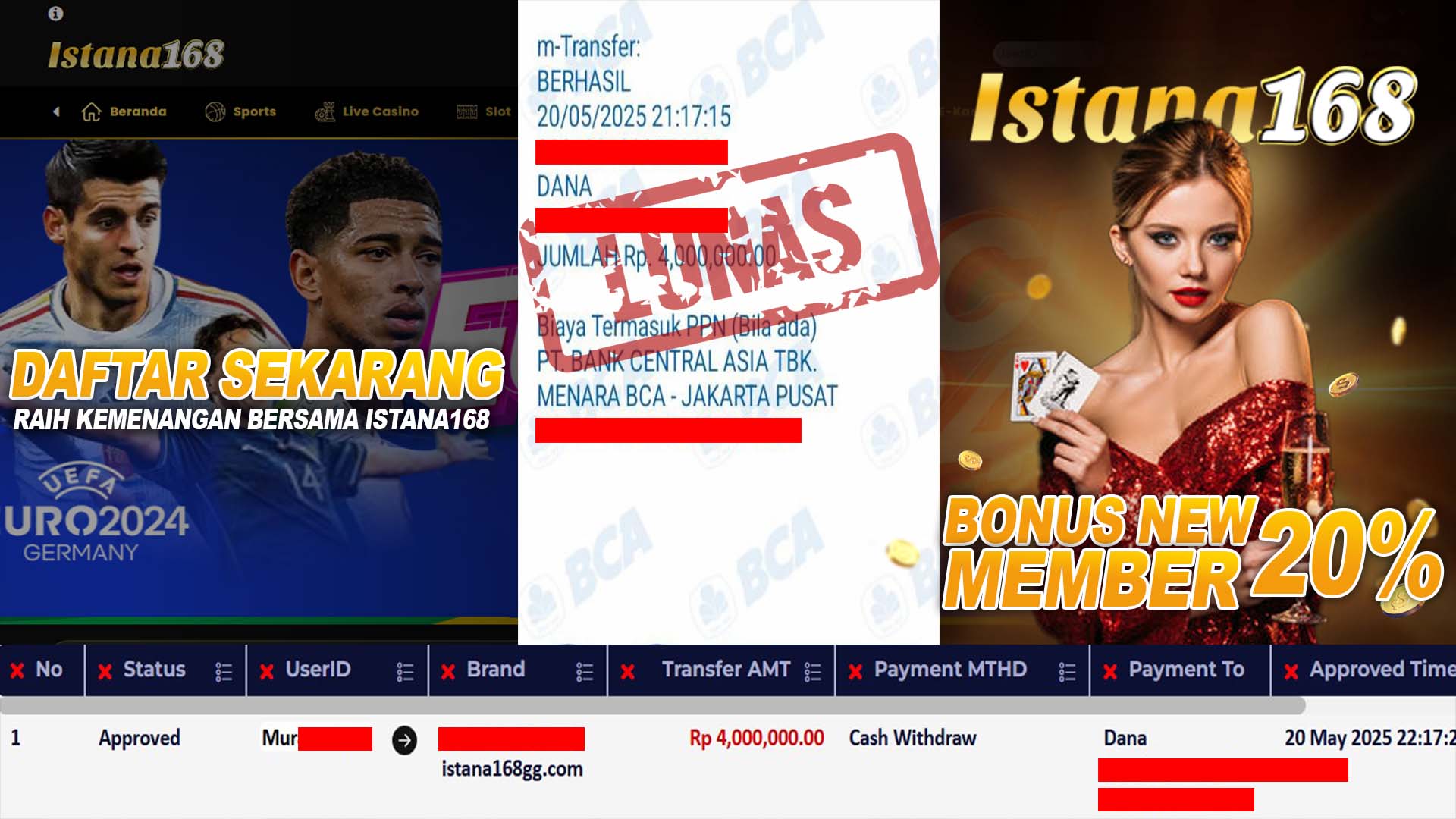 BUKTI KEMENANGAN WD MEMBER ISTANA168 IDR 4.000.000
