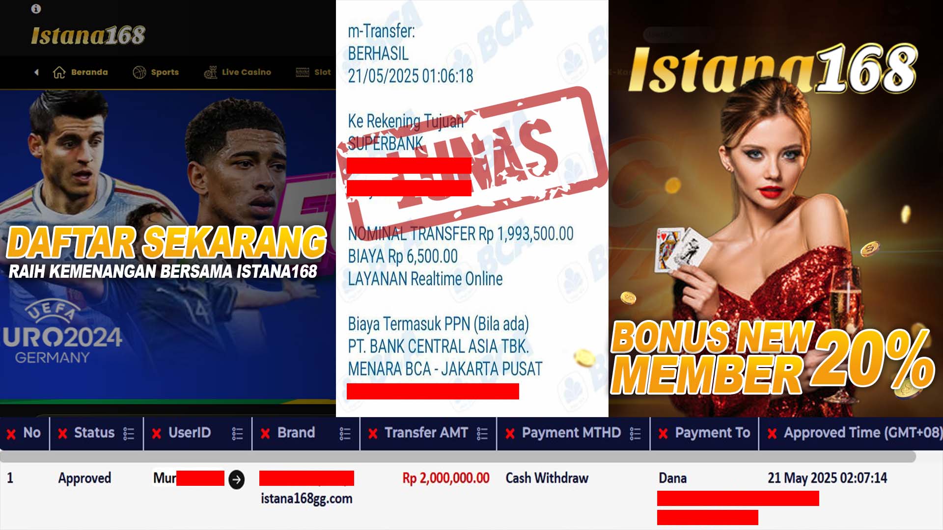 BUKTI KEMENANGAN WD MEMBER ISTANA168 IDR 2.000.000