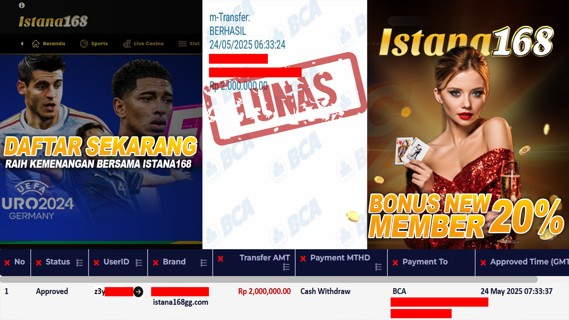 BUKTI KEMENANGAN WD MEMBER ISTANA168 IDR 2.000.000