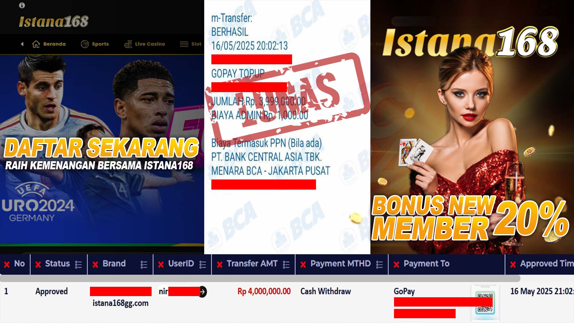 BUKTI KEMENANGAN WD MEMBER ISTANA168 IDR 4.000.000