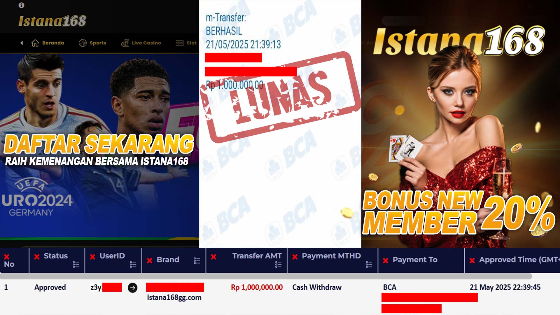BUKTI KEMENANGAN WD MEMBER ISTANA168 IDR 1.000.000