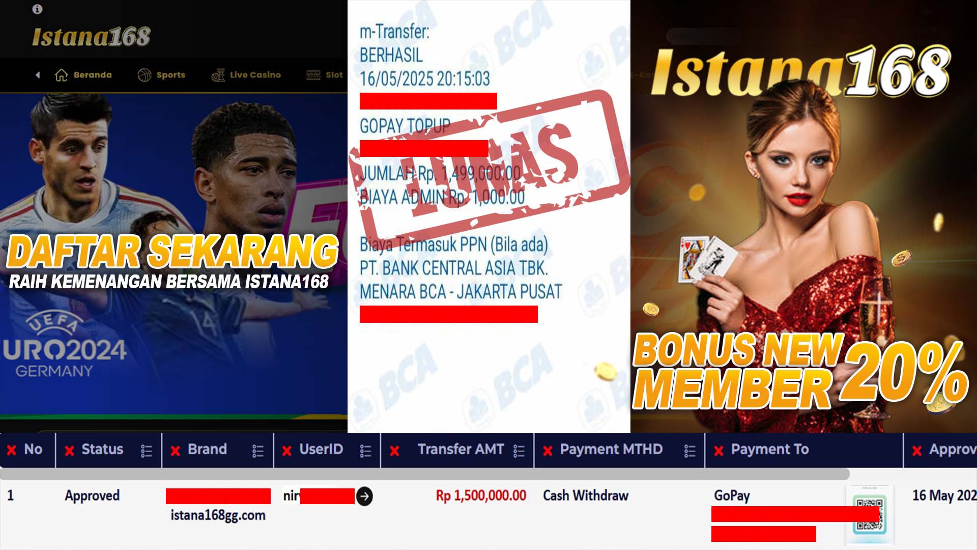 BUKTI KEMENANGAN WD MEMBER ISTANA168 IDR 1.500.000