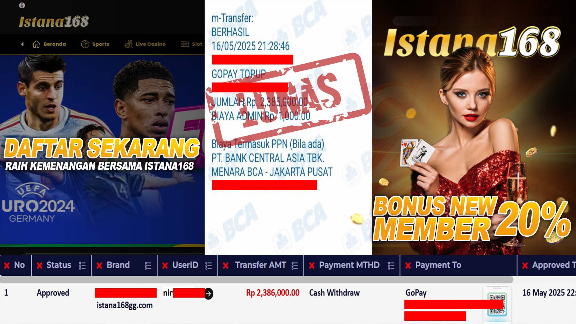 BUKTI KEMENANGAN WD MEMBER ISTANA168 IDR 2.386.000