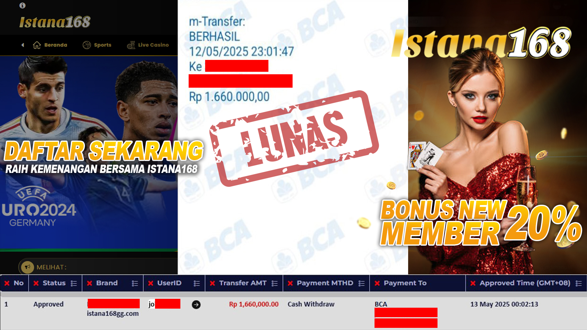 BUKTI KEMENANGAN WD MEMBER ISTANA168 IDR 1.660.000