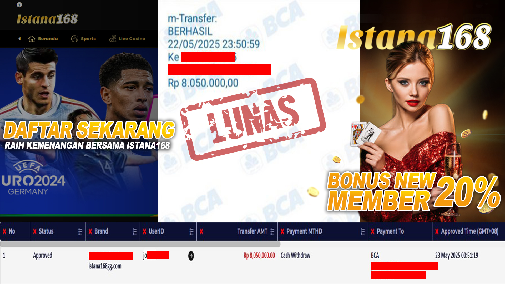BUKTI KEMENANGAN WD MEMBER ISTANA168 IDR 8.050.000 Gabung Bersama Situs Judi Online Terpercaya ISTANA168 dan Raih Kemenangan Sekarang Juga!! Dapatkan Promo Menarik Lainnya!! PROMO BONUS UNTUK PARA MEMBER SETIA ISTANA168 : ✨ WELCOME BONUS NEW MEMBER 20% ✨ DOUBLE BONUS SPORTBOOK 15% ✨ DOUBLE BONUS LIVE CASINO 10% ✨ BONUS ROLLINGAN SLOT UP 0.8% ✨ DISKON & HADIAH TOGEL ✨ BONUS REFERRAL 3% ✨ BONUS REFERRAL 0,1% SEUMUR HIDUP Mohon untuk selalu menghubungi Istana168 melalui kontak resmi berikut: - Whatsapp : +6281240006168 - Telegram : istana168 - LINE : istana168 - Facebook : istana168terpercaya