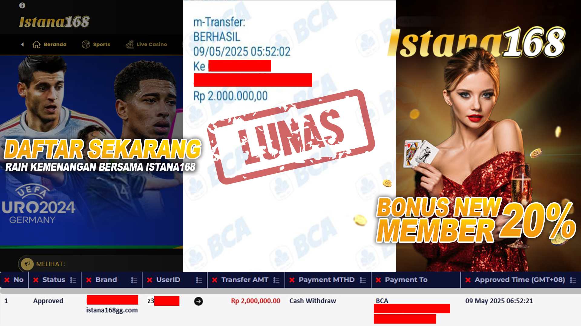 BUKTI KEMENANGAN WD MEMBER ISTANA168 IDR 2.000.000