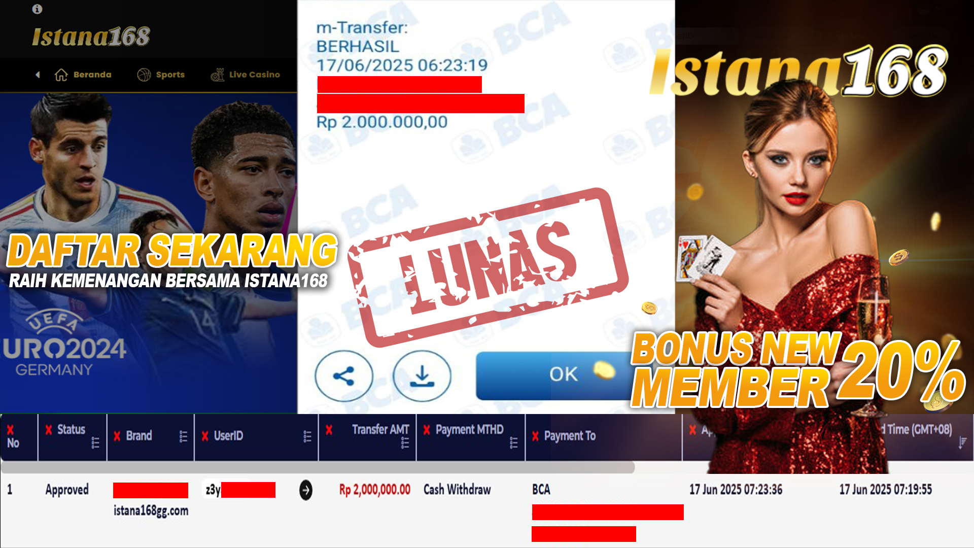 BUKTI KEMENANGAN WD MEMBER ISTANA168 IDR 2.000.000