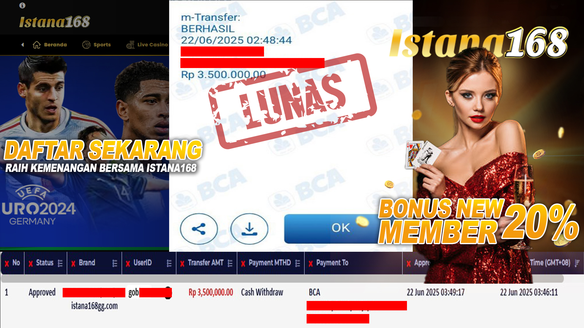 BUKTI KEMENANGAN WD MEMBER ISTANA168 IDR 3.500.000