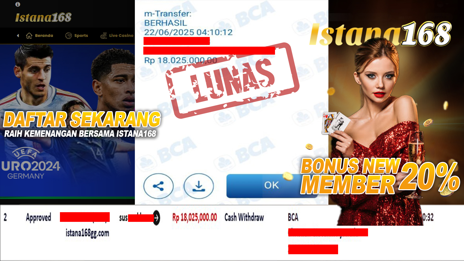 BUKTI KEMENANGAN WD MEMBER ISTANA168 IDR 18.025.000