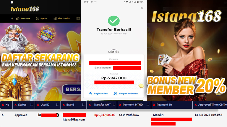 BUKTI KEMENANGAN WD MEMBER ISTANA168 IDR 6.947.000