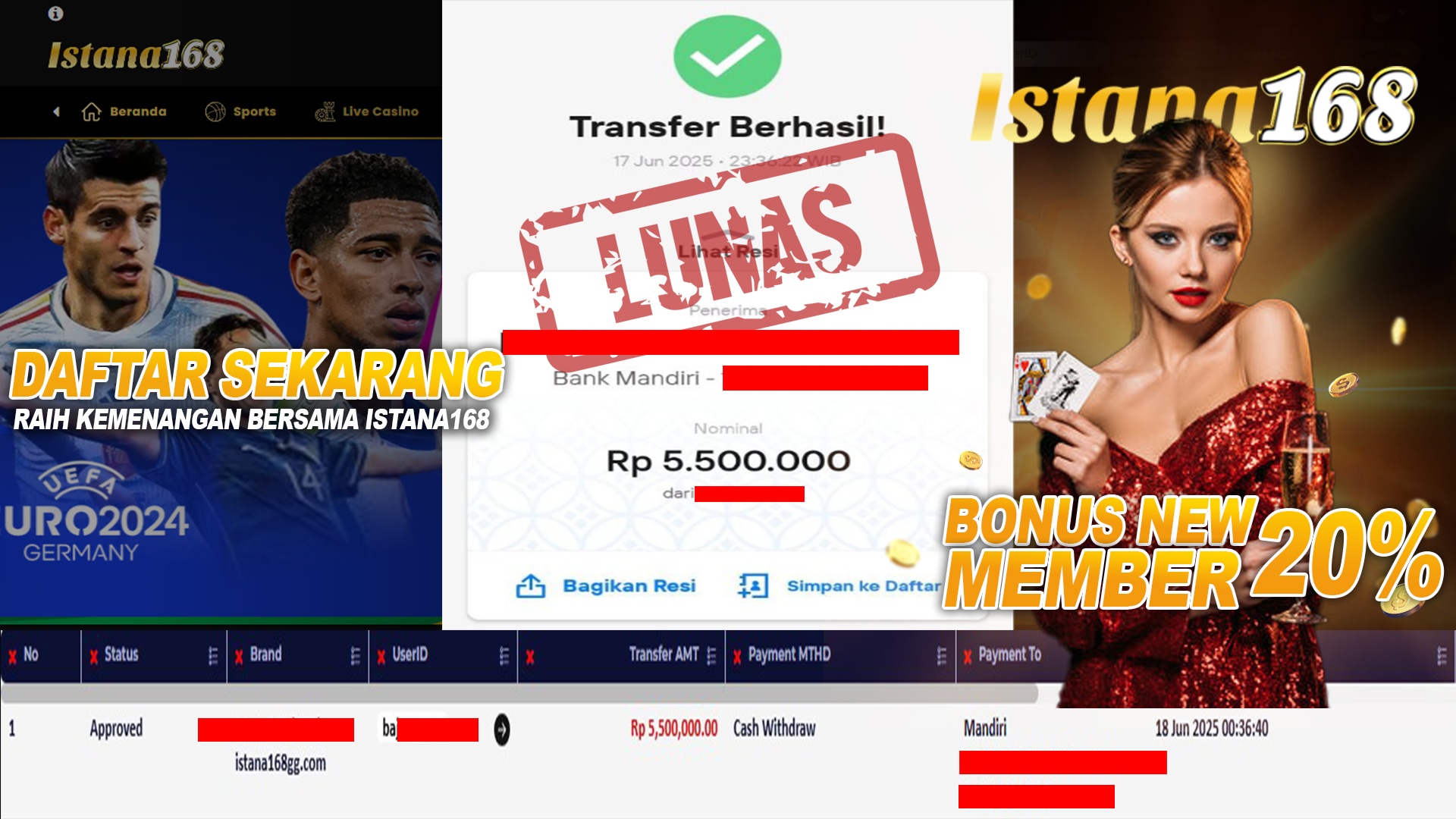BUKTI KEMENANGAN WD MEMBER ISTANA168 IDR 5.500.000
