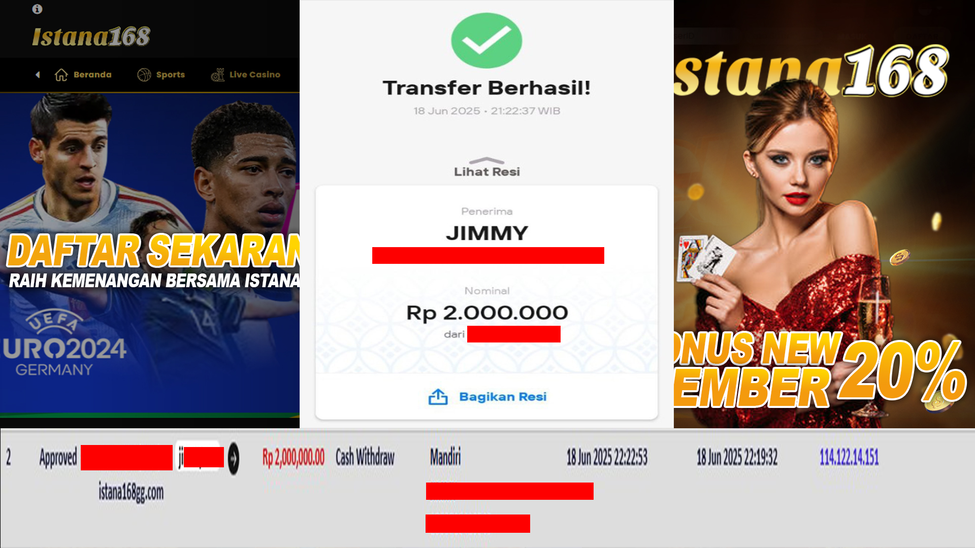 BUKTI KEMENANGAN WD MEMBER ISTANA168 IDR 2.000.000