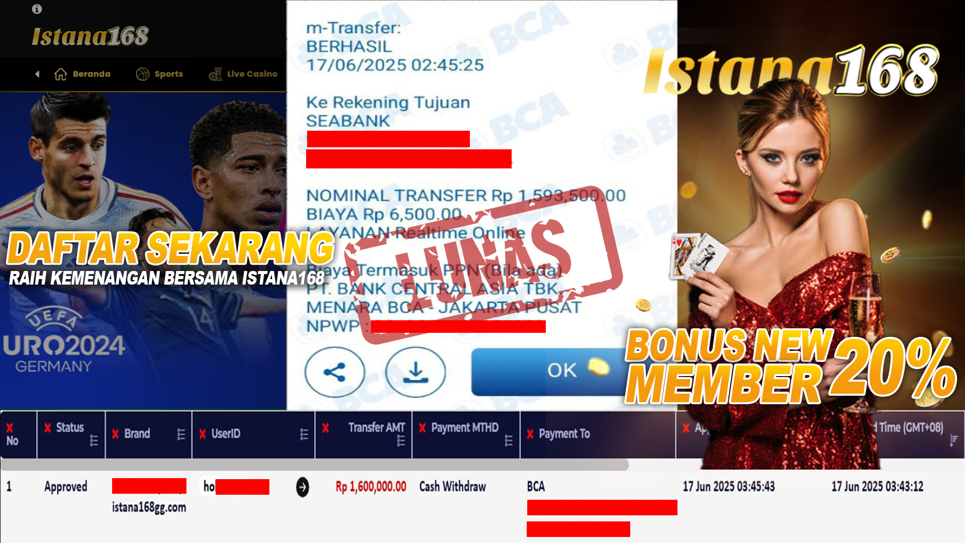 BUKTI KEMENANGAN WD MEMBER ISTANA168 IDR 1.600.000