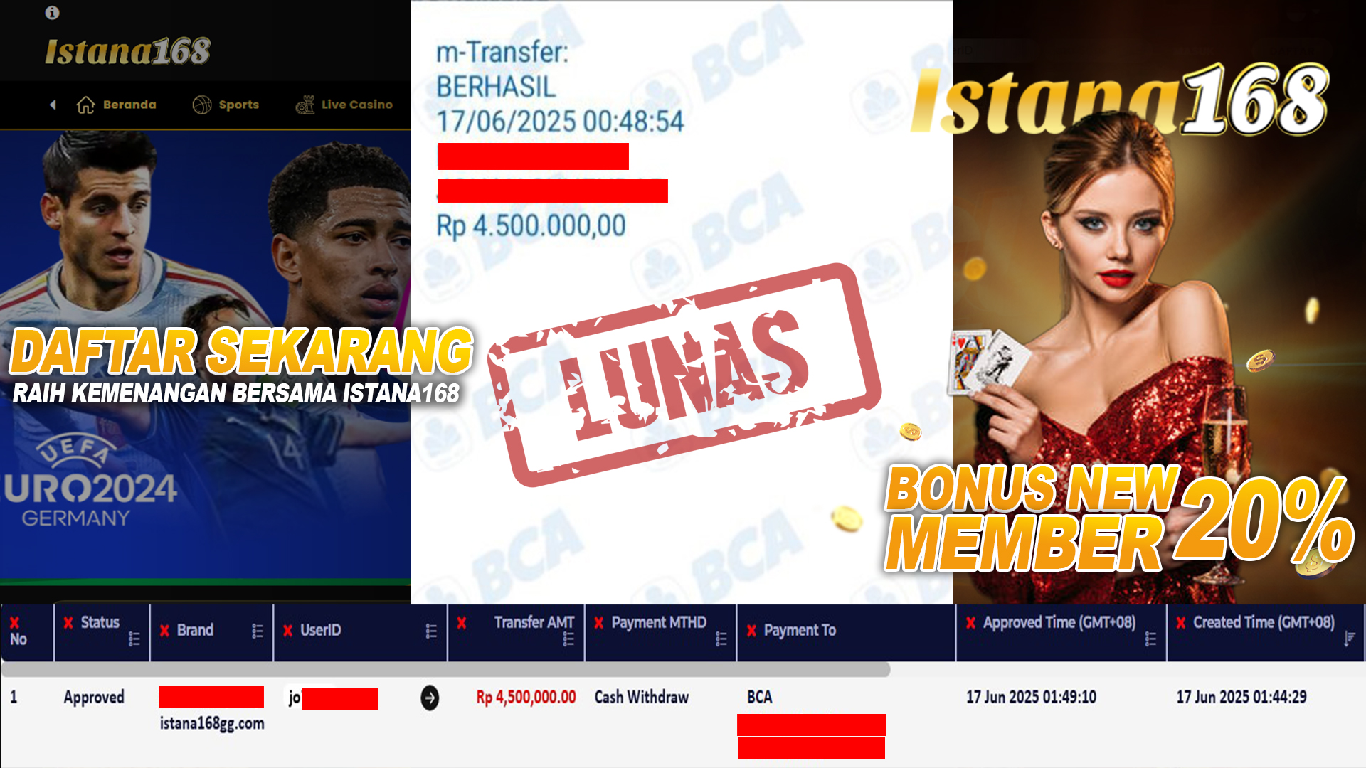 BUKTI KEMENANGAN WD MEMBER ISTANA168 IDR 4.500.000