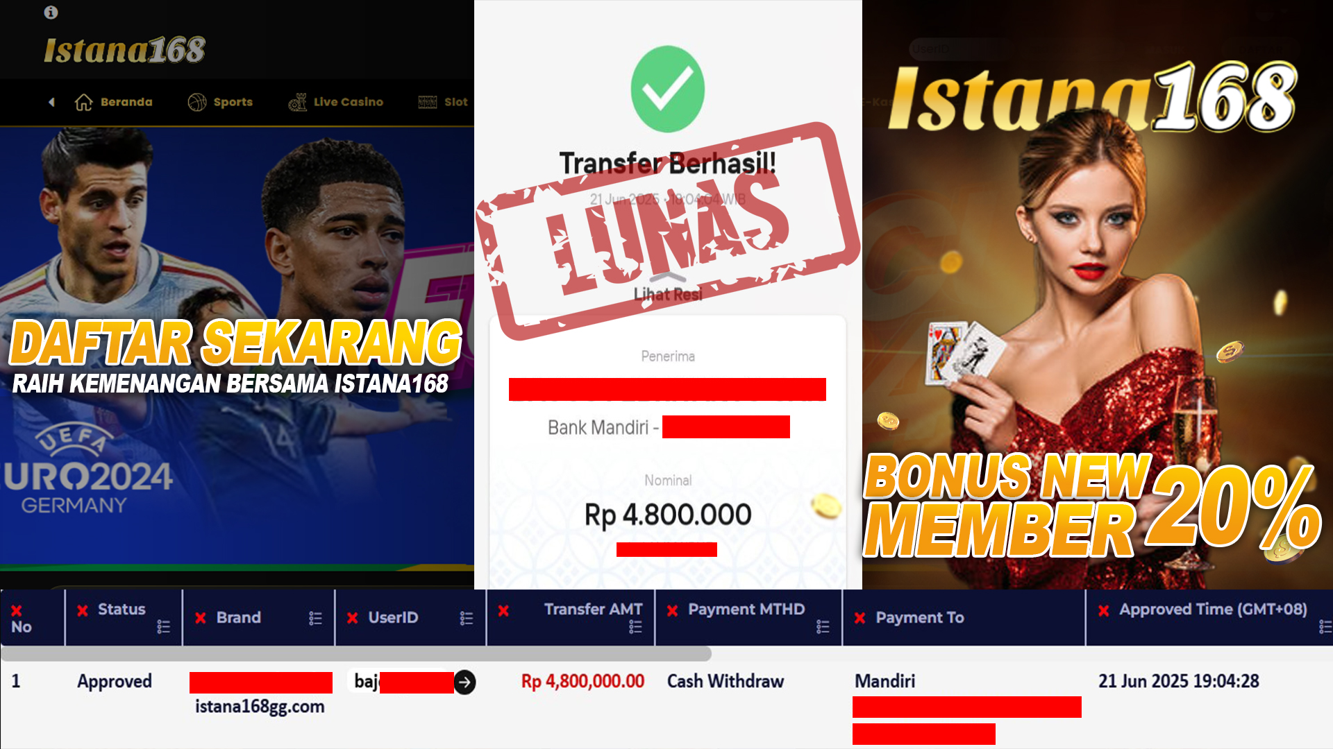 BUKTI KEMENANGAN WD MEMBER ISTANA168 IDR 4.800.000