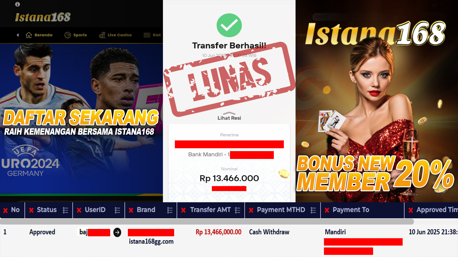 BUKTI KEMENANGAN WD MEMBER ISTANA168 IDR 13.466.000