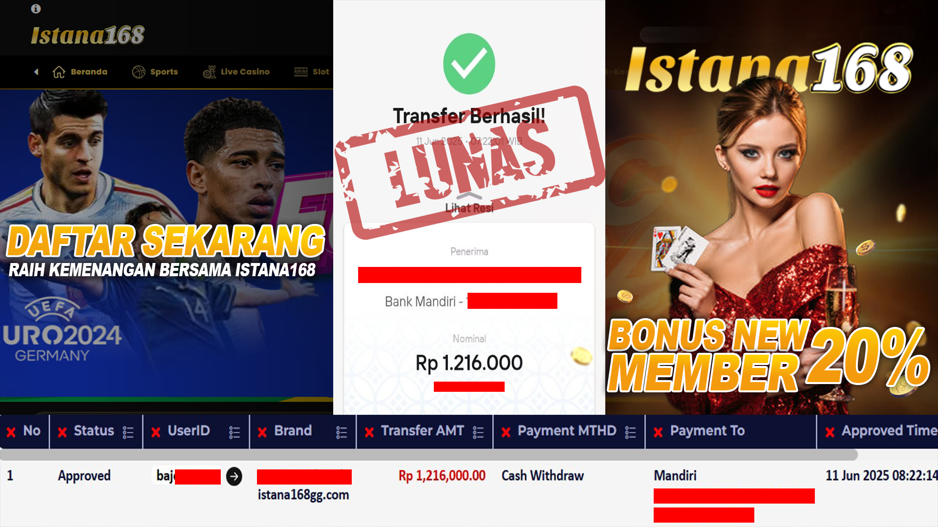 BUKTI KEMENANGAN WD MEMBER ISTANA168 IDR 1.216.000