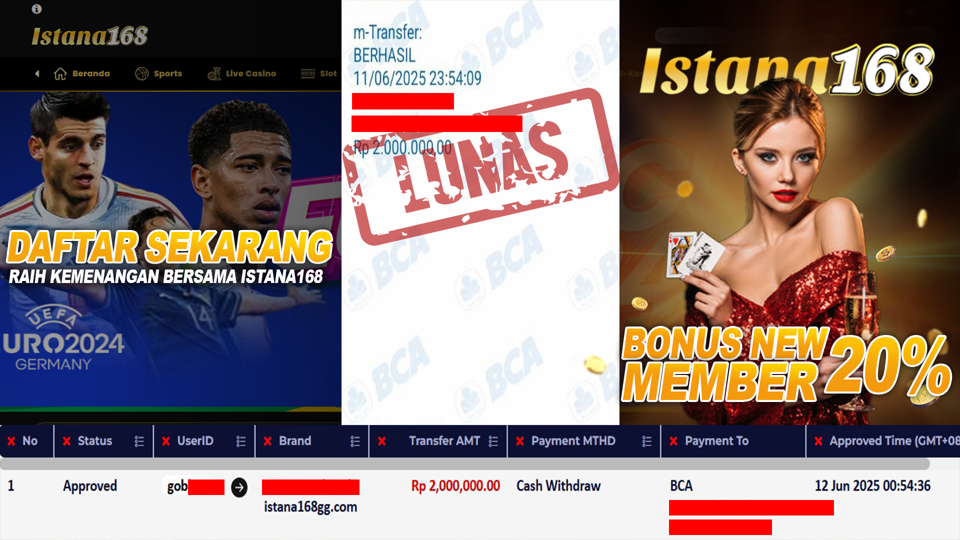BUKTI KEMENANGAN WD MEMBER ISTANA168 IDR 2.000.000
