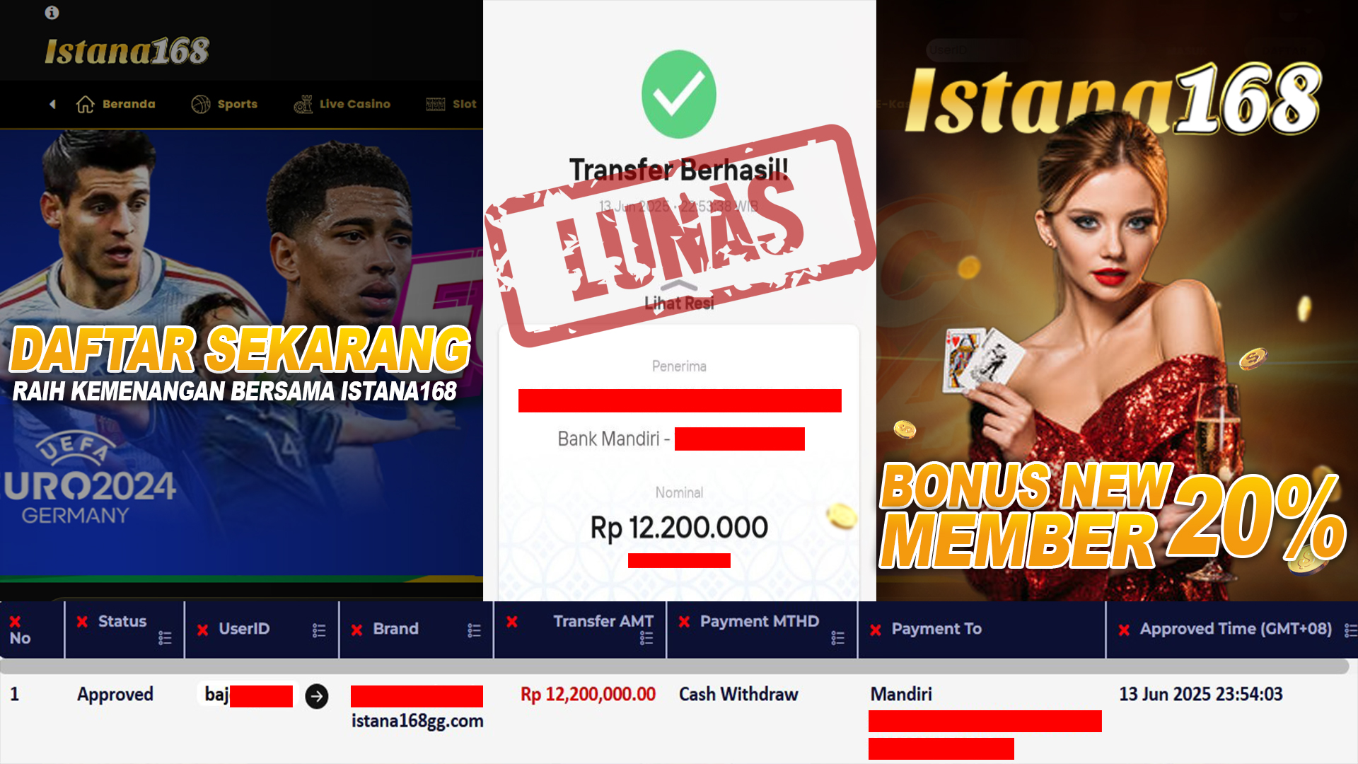 BUKTI KEMENANGAN WD MEMBER ISTANA168 IDR 12.200.000