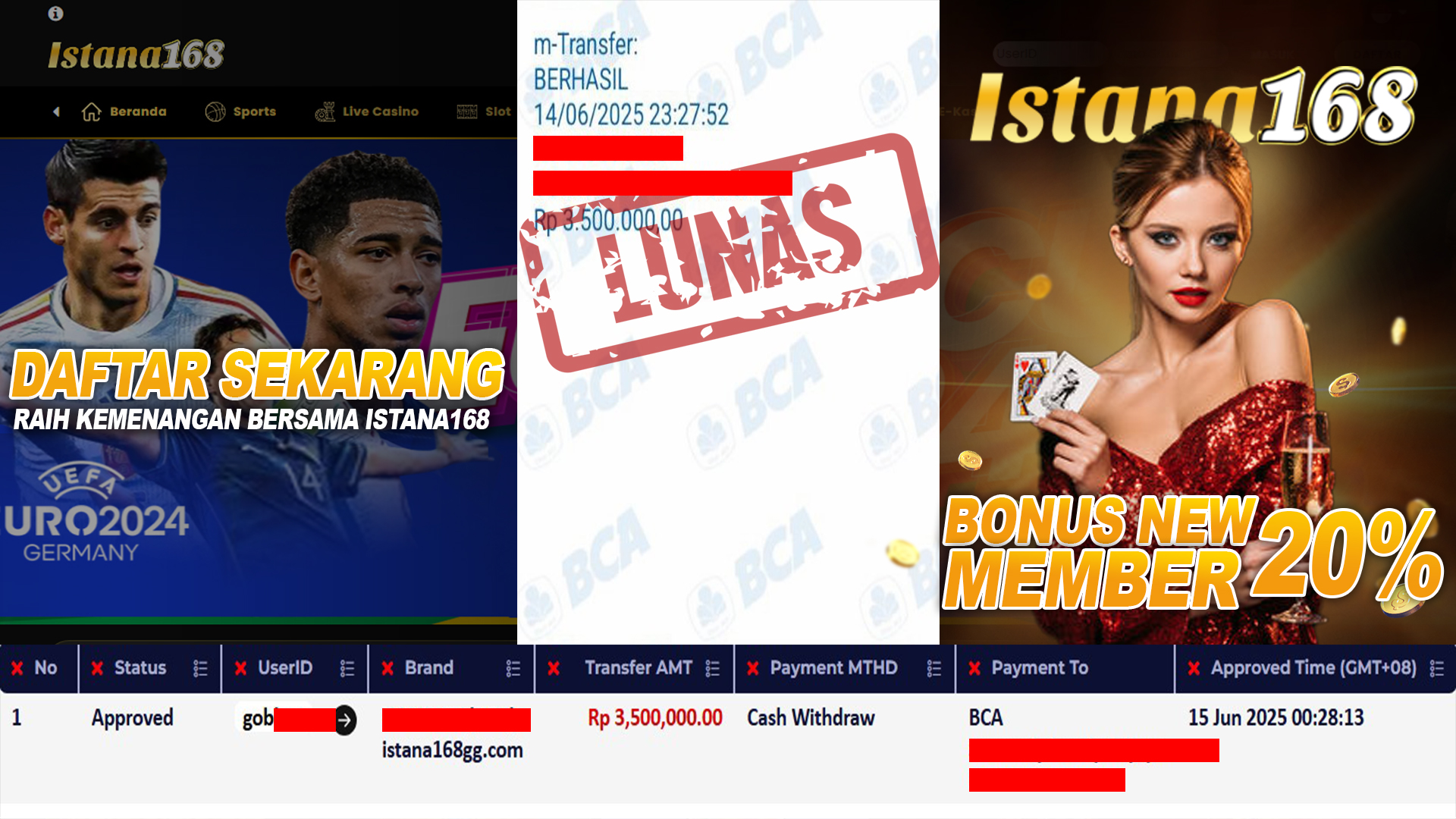 BUKTI KEMENANGAN WD MEMBER ISTANA168 IDR 3.500.000