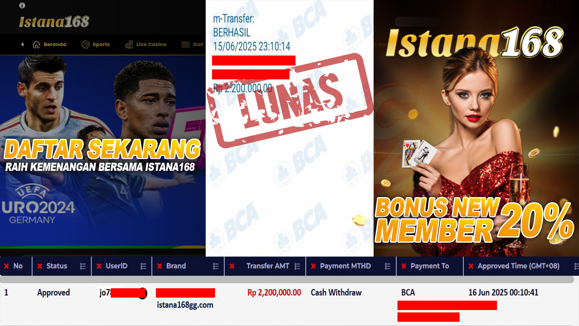 BUKTI KEMENANGAN WD MEMBER ISTANA168 IDR 2.200.000