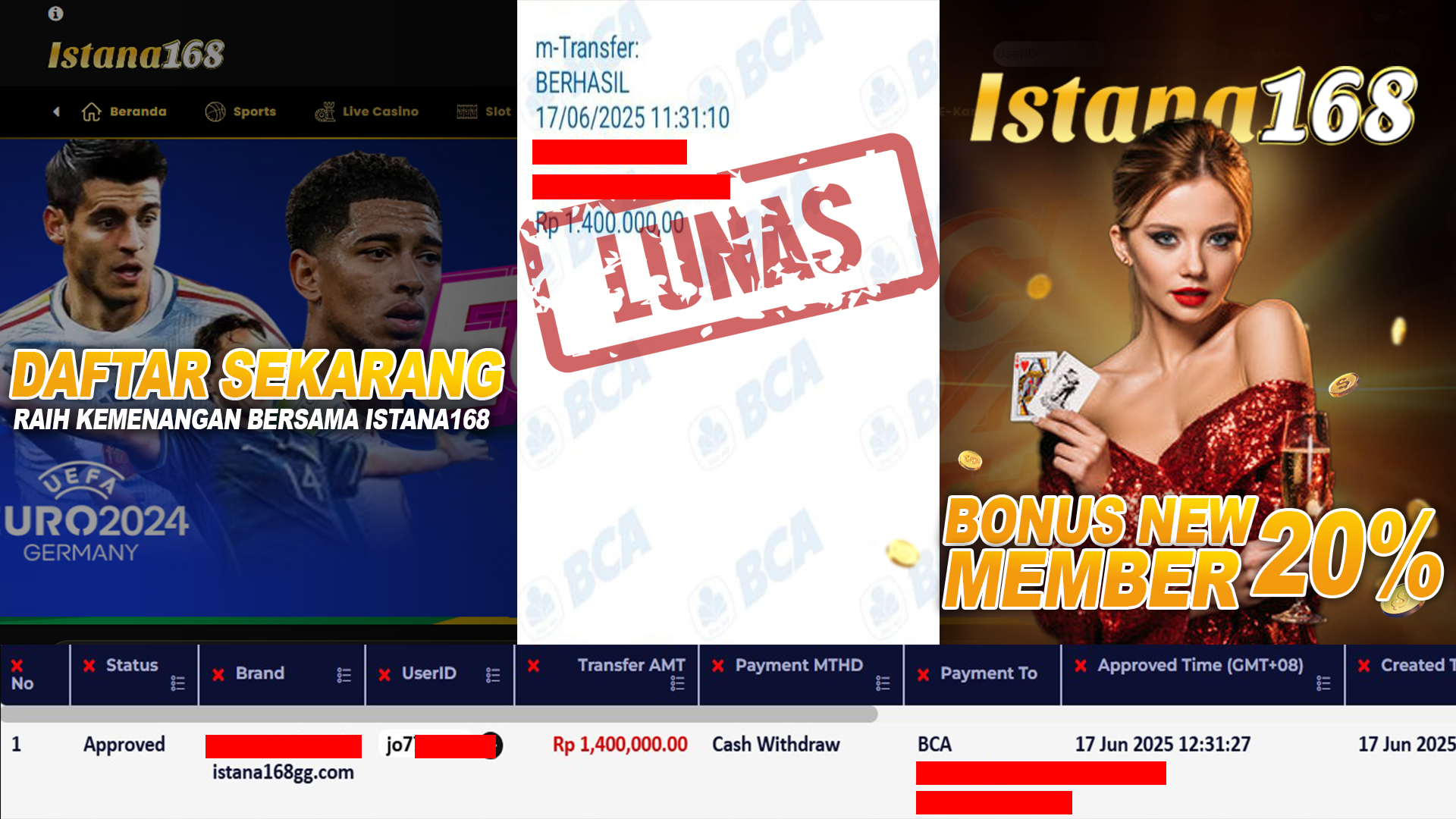 BUKTI KEMENANGAN WD MEMBER ISTANA168 IDR 1.400.000