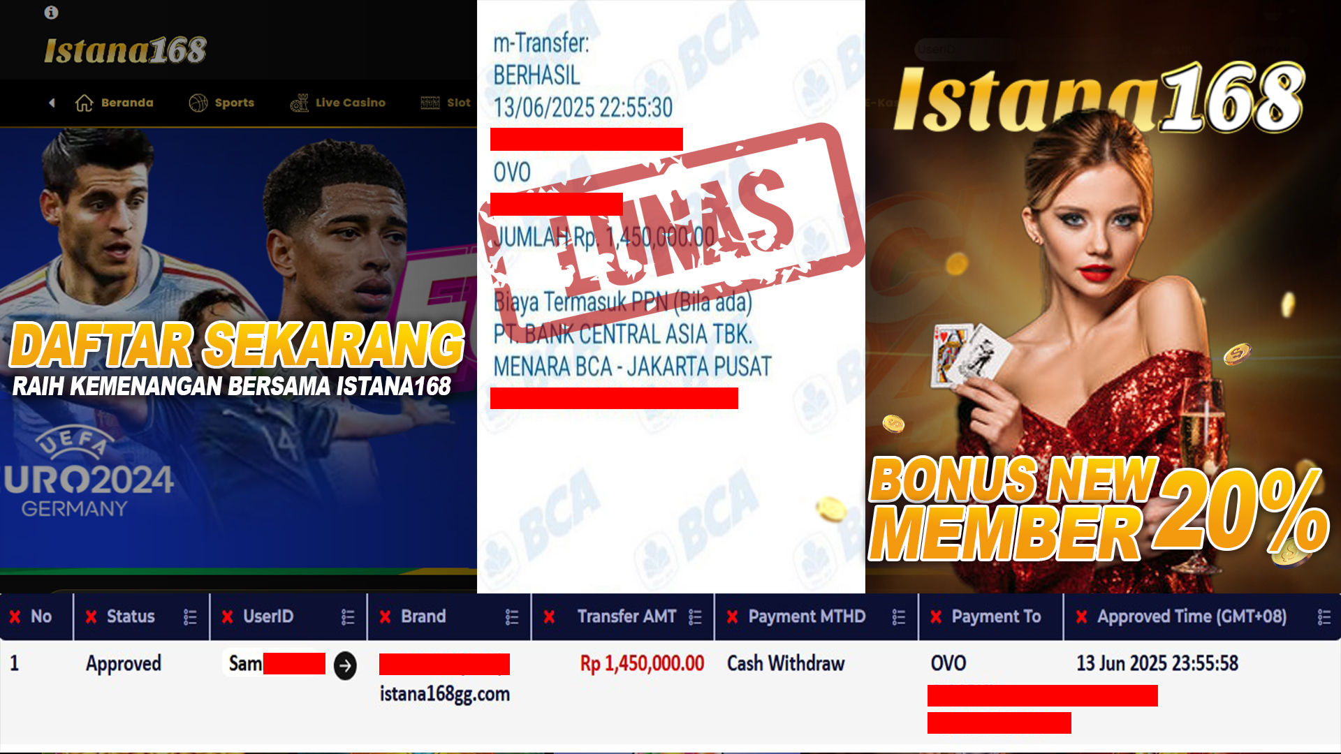 BUKTI KEMENANGAN WD MEMBER ISTANA168 IDR 1.450.000