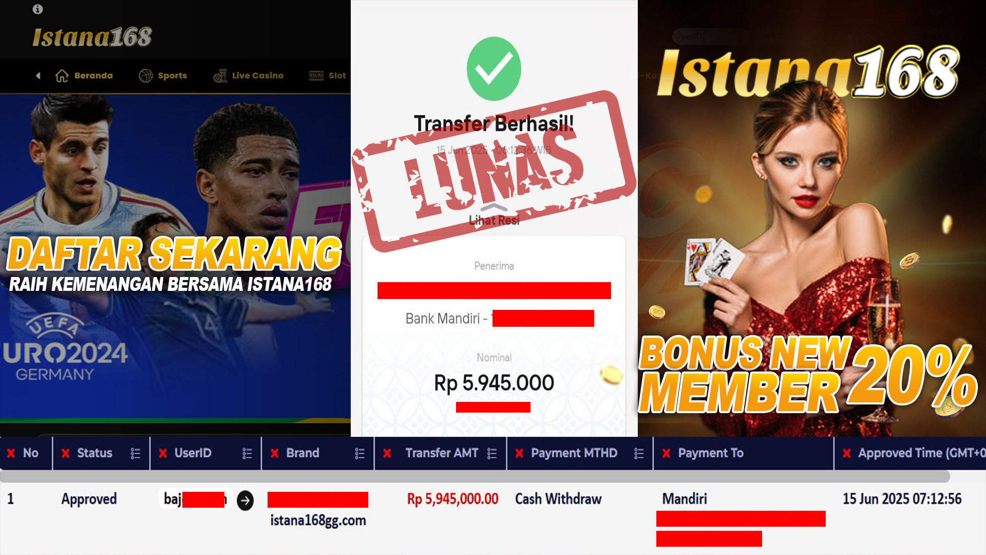 BUKTI KEMENANGAN WD MEMBER ISTANA168 IDR 5.945.000