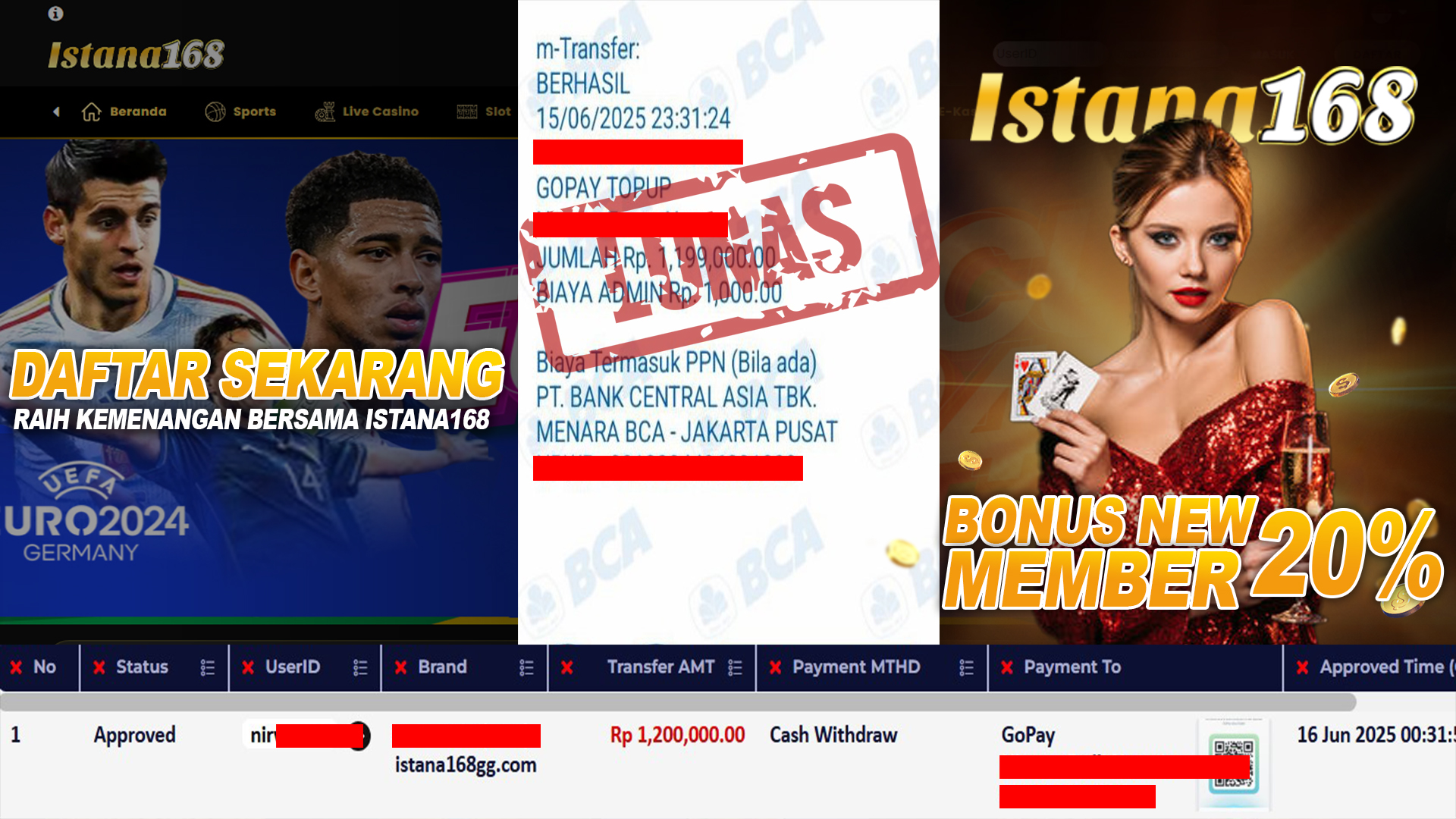 BUKTI KEMENANGAN WD MEMBER ISTANA168 IDR 1.200.000