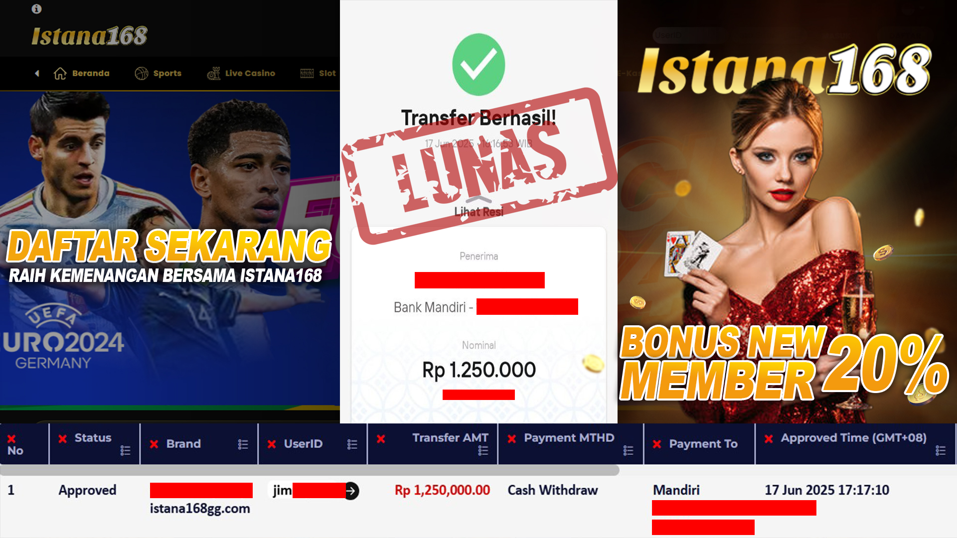 BUKTI KEMENANGAN WD MEMBER ISTANA168 IDR 1.250.000