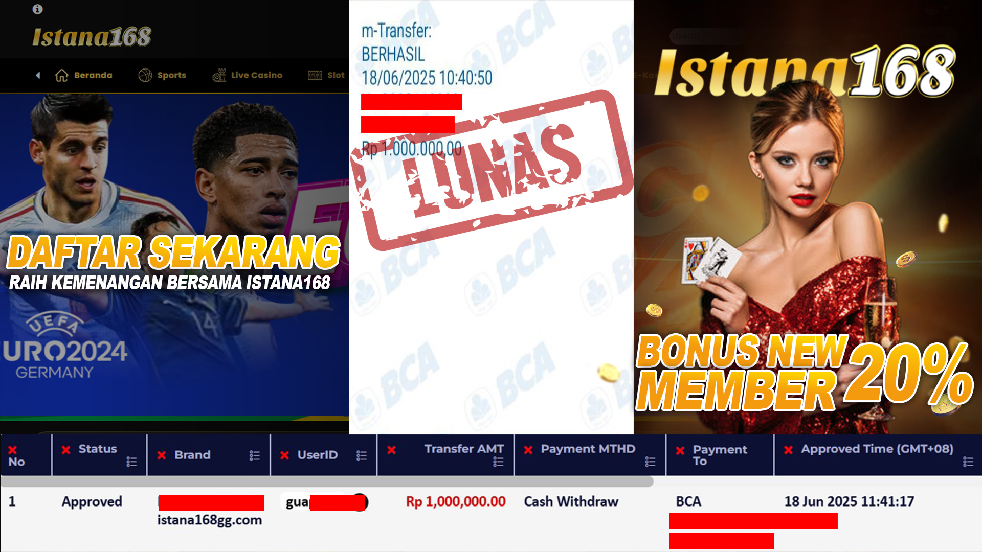 BUKTI KEMENANGAN WD MEMBER ISTANA168 IDR 1.000.000