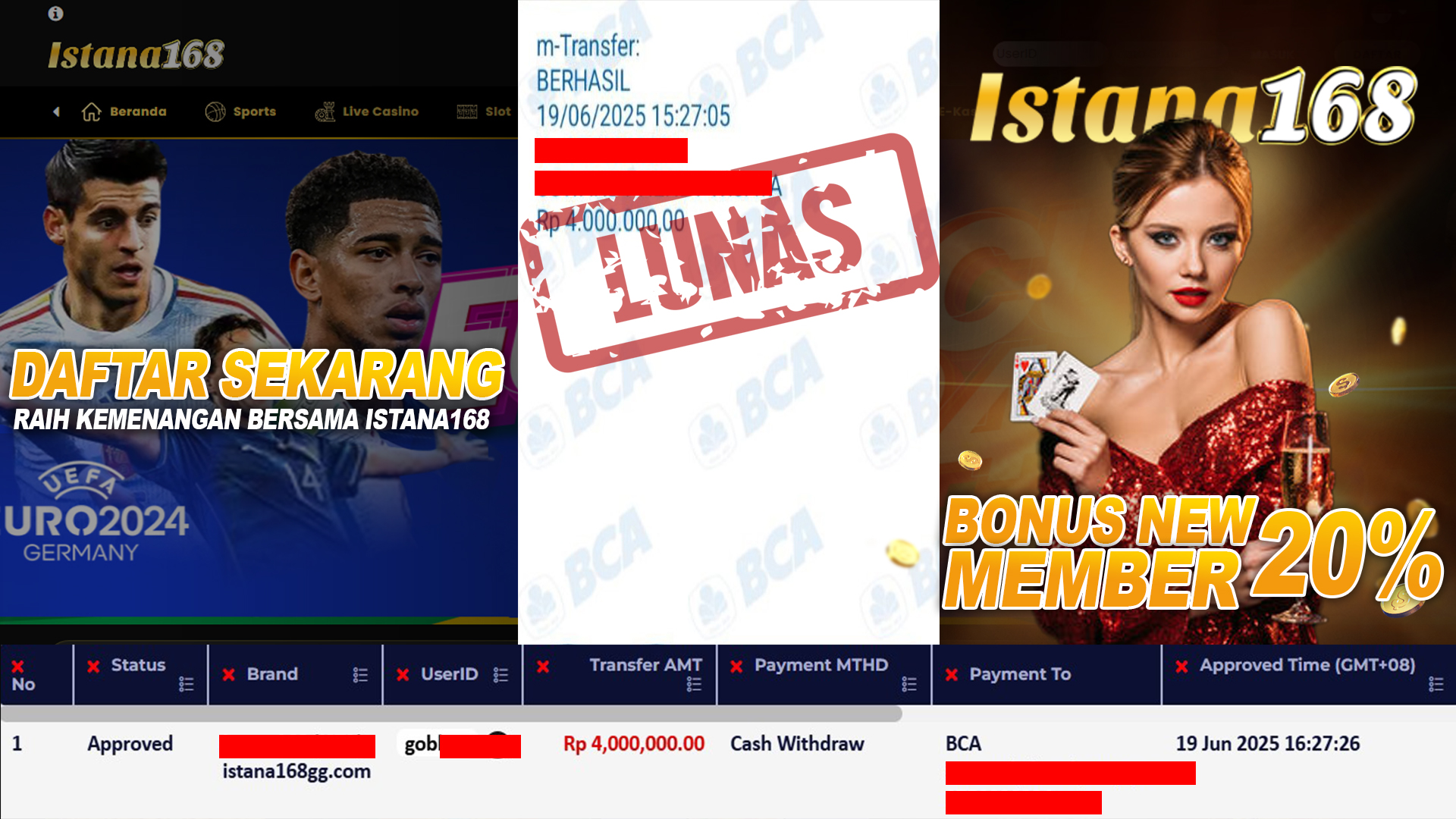 BUKTI KEMENANGAN WD MEMBER ISTANA168 IDR 4.000.000