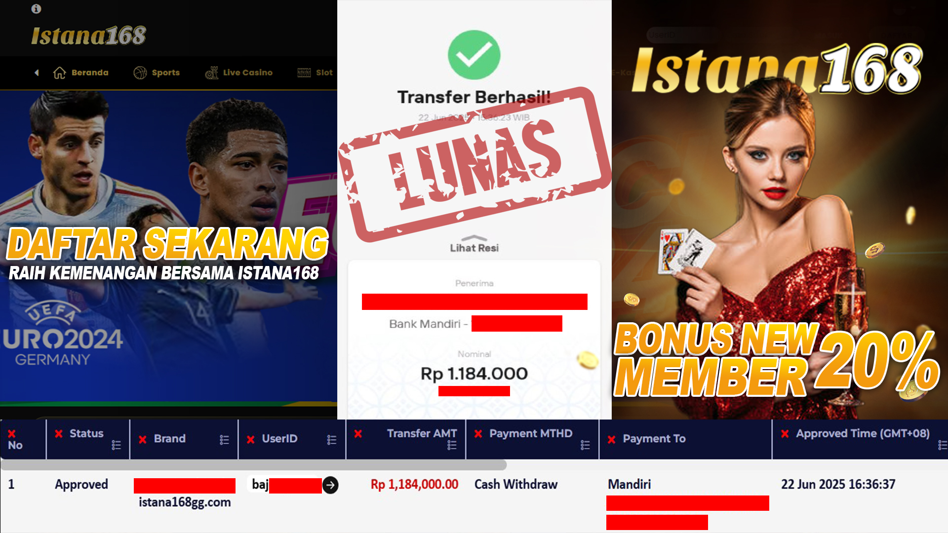 BUKTI KEMENANGAN WD MEMBER ISTANA168 IDR 1.184.000