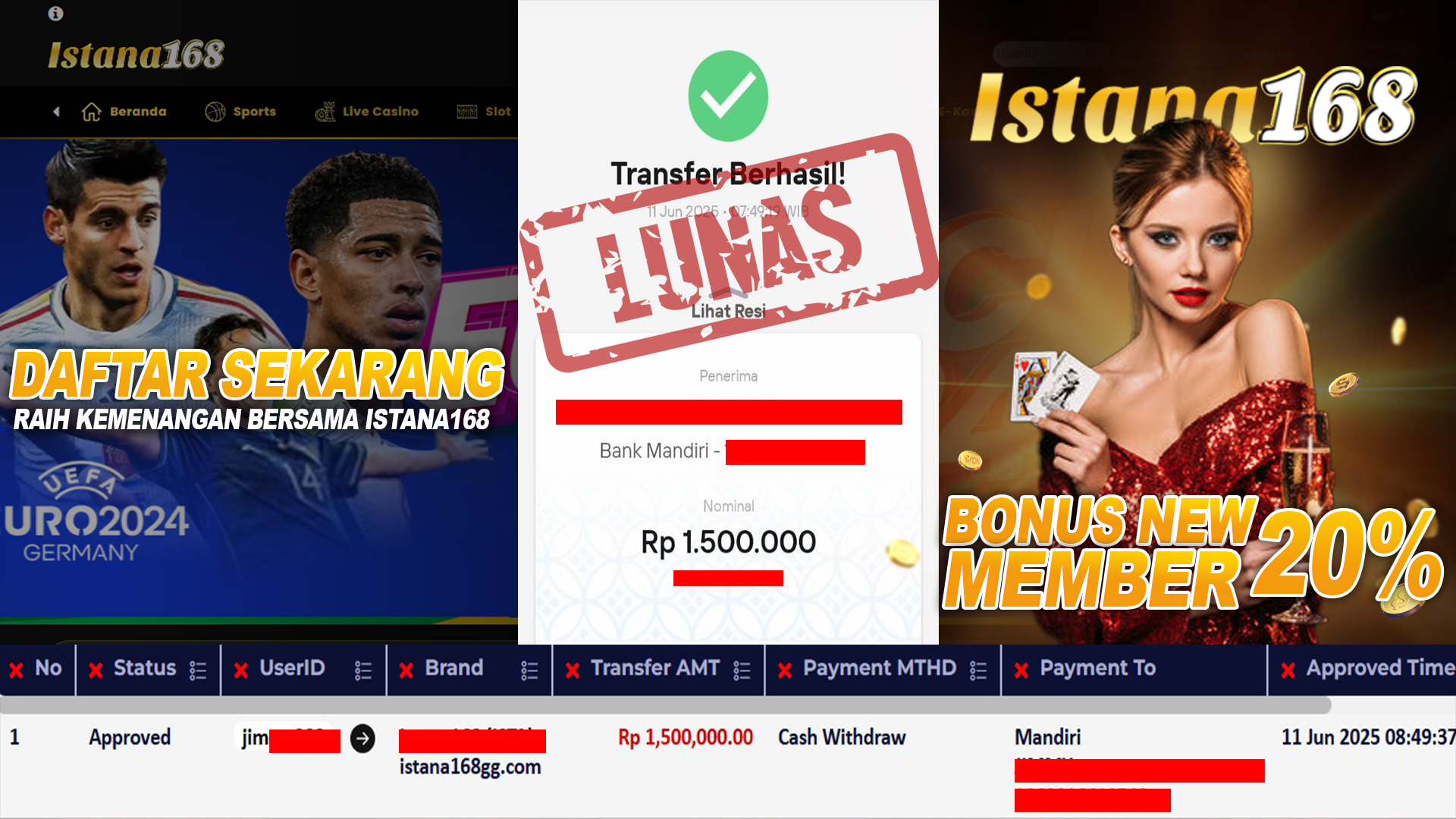 BUKTI KEMENANGAN WD MEMBER ISTANA168 IDR 1.500.000