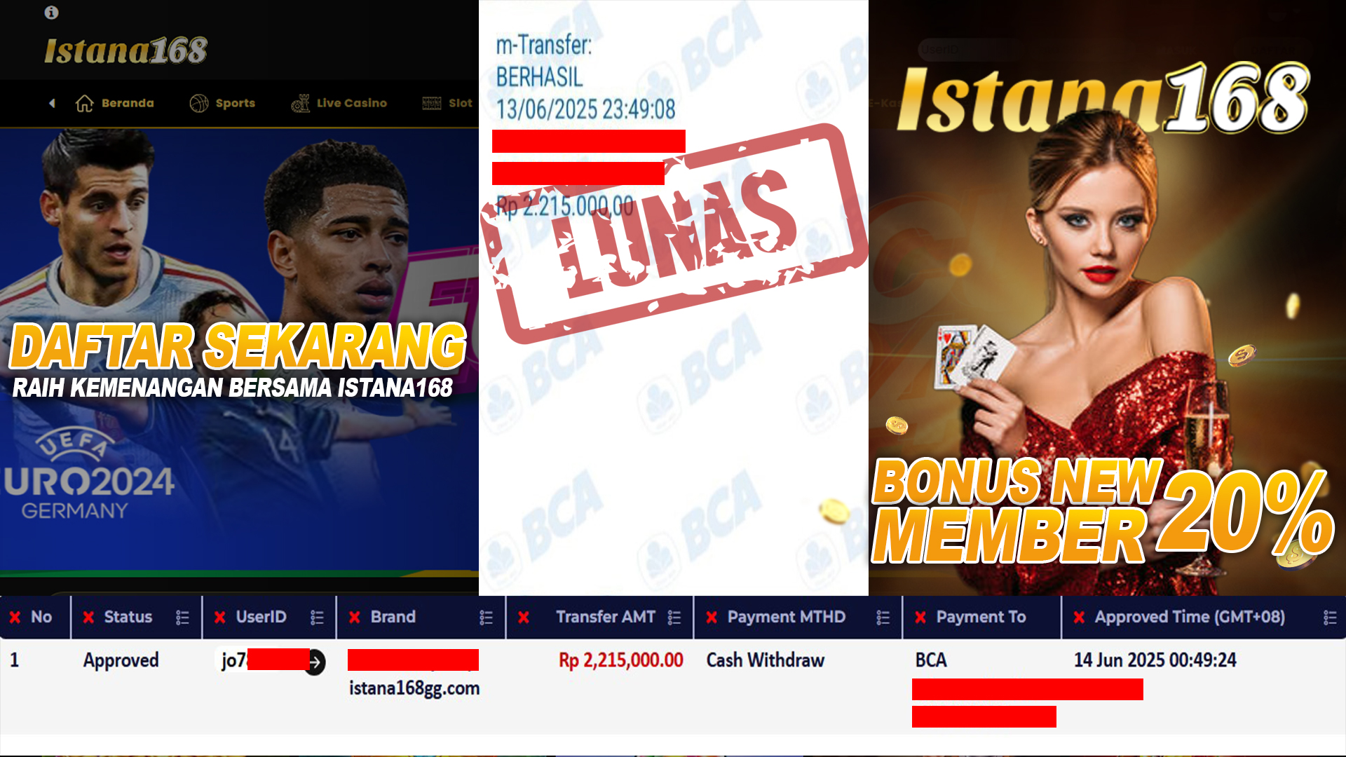 BUKTI KEMENANGAN WD MEMBER ISTANA168 IDR 2.215.000