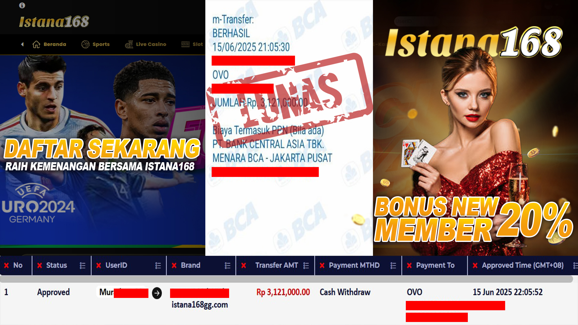 BUKTI KEMENANGAN WD MEMBER ISTANA168 IDR 3.121.000