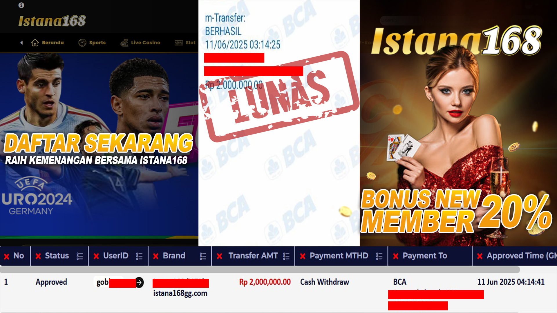 BUKTI KEMENANGAN WD MEMBER ISTANA168 IDR 2.000.000