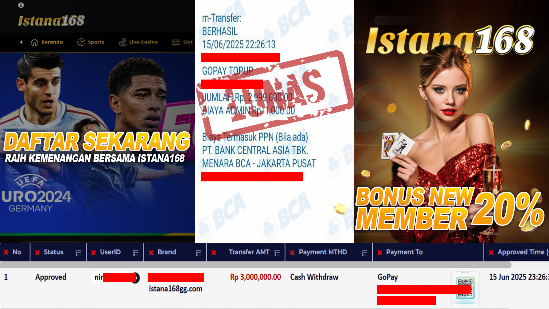 BUKTI KEMENANGAN WD MEMBER ISTANA168 IDR 3.000.000