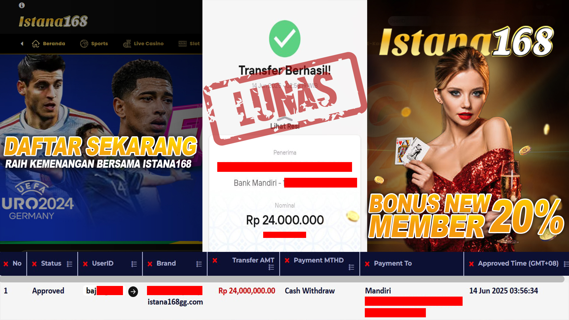 BUKTI KEMENANGAN WD MEMBER ISTANA168 IDR 24.000.000