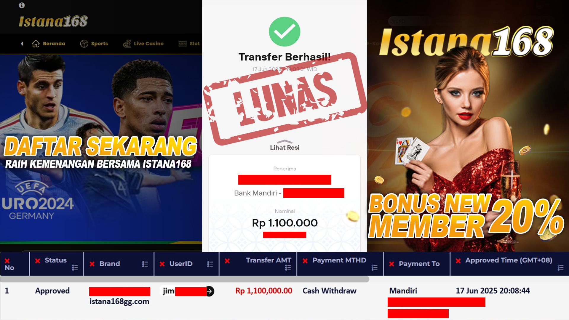 BUKTI KEMENANGAN WD MEMBER ISTANA168 IDR 1.100.000