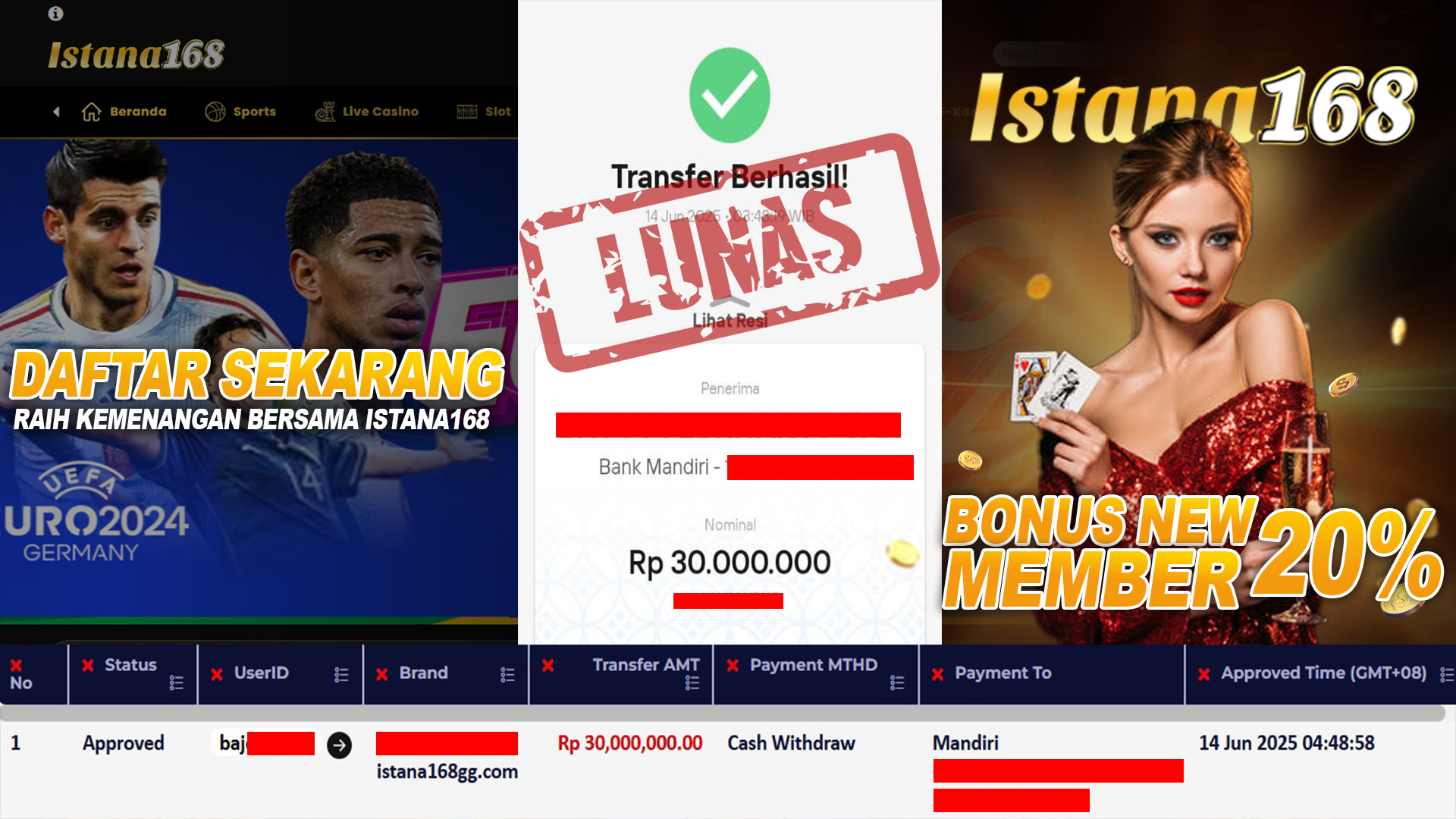 BUKTI KEMENANGAN WD MEMBER ISTANA168 IDR 30.000.000